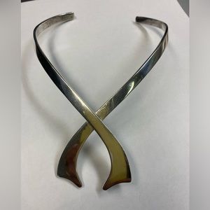 Stunning mcm brutalist heavy mexican sterling silver choker collar ribbon